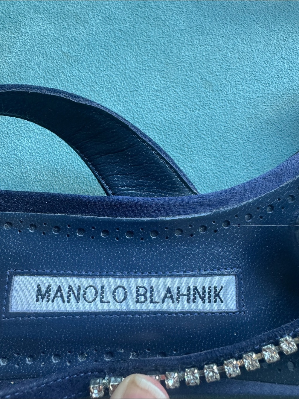 Manolo Blahnik Navy Crystal-Embellished T-Strap Sandals - Picture 2 of 4